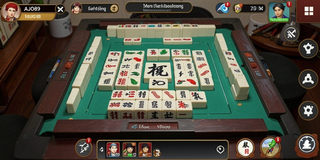Tampilan gameplay AJO89 dengan ubin Mahjong yang berwarna-warni.