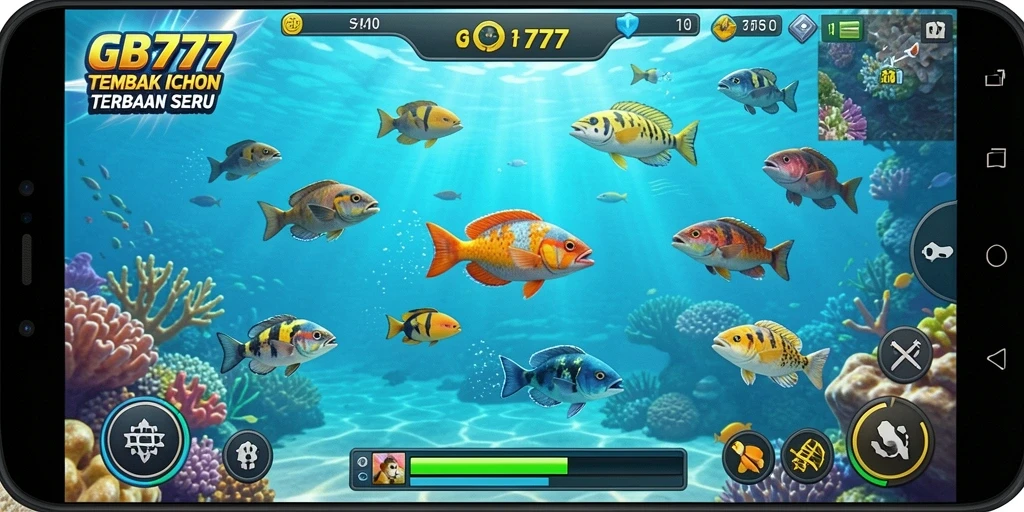 Tampilan screenshot gameplay GB777 menampilkan aksi seru tembak ikan.