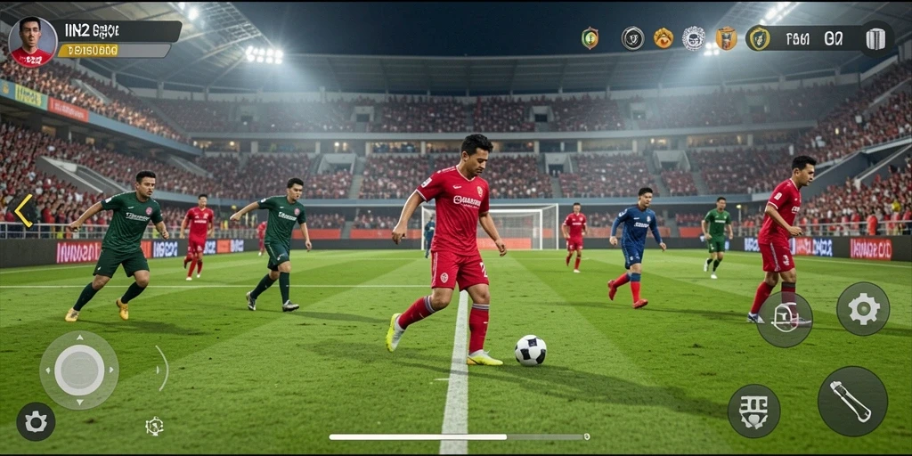 Tangkapan layar gameplay menarik dari IN22 yang menunjukkan aksi sepak bola.