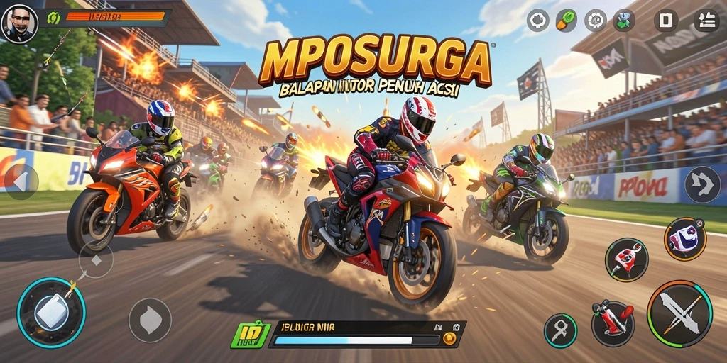 Screenshot gameplay MPOSURGA menampilkan balapan motor yang intens dan seru.