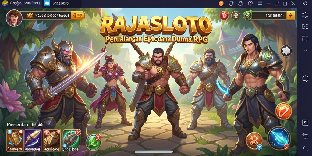 Tampilan gameplay seru dalam RAJASLOTO saat karakter bertarung melawan monster.