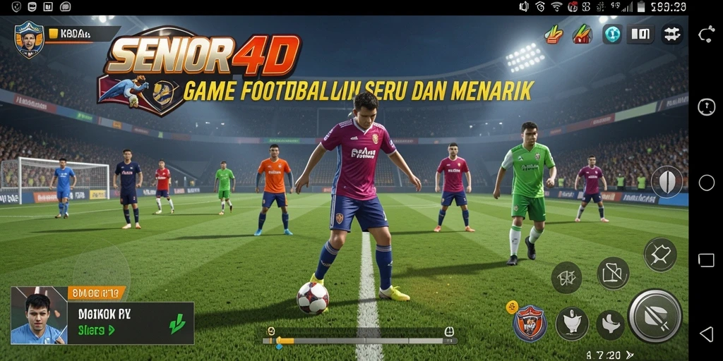 Screenshot utama SENIOR4D menampilkan aksi mendebarkan di lapangan sepak bola.