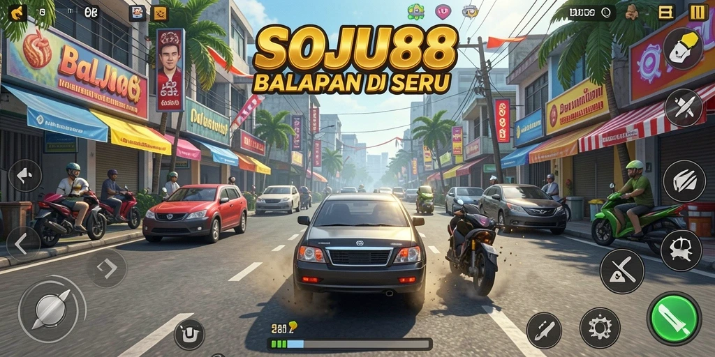 Screenshot gameplay SOJU88 menampilkan mobil balap yang melaju kencang di lintasan.
